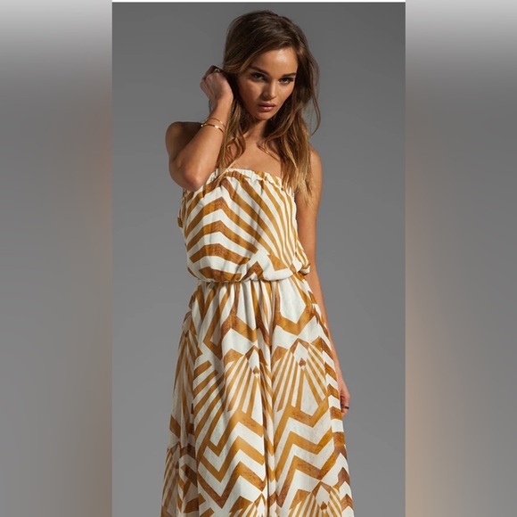 BB DAKOTA strapless gold white geometric maxi dress vacation date night sz M EUC - Picture 5 of 13